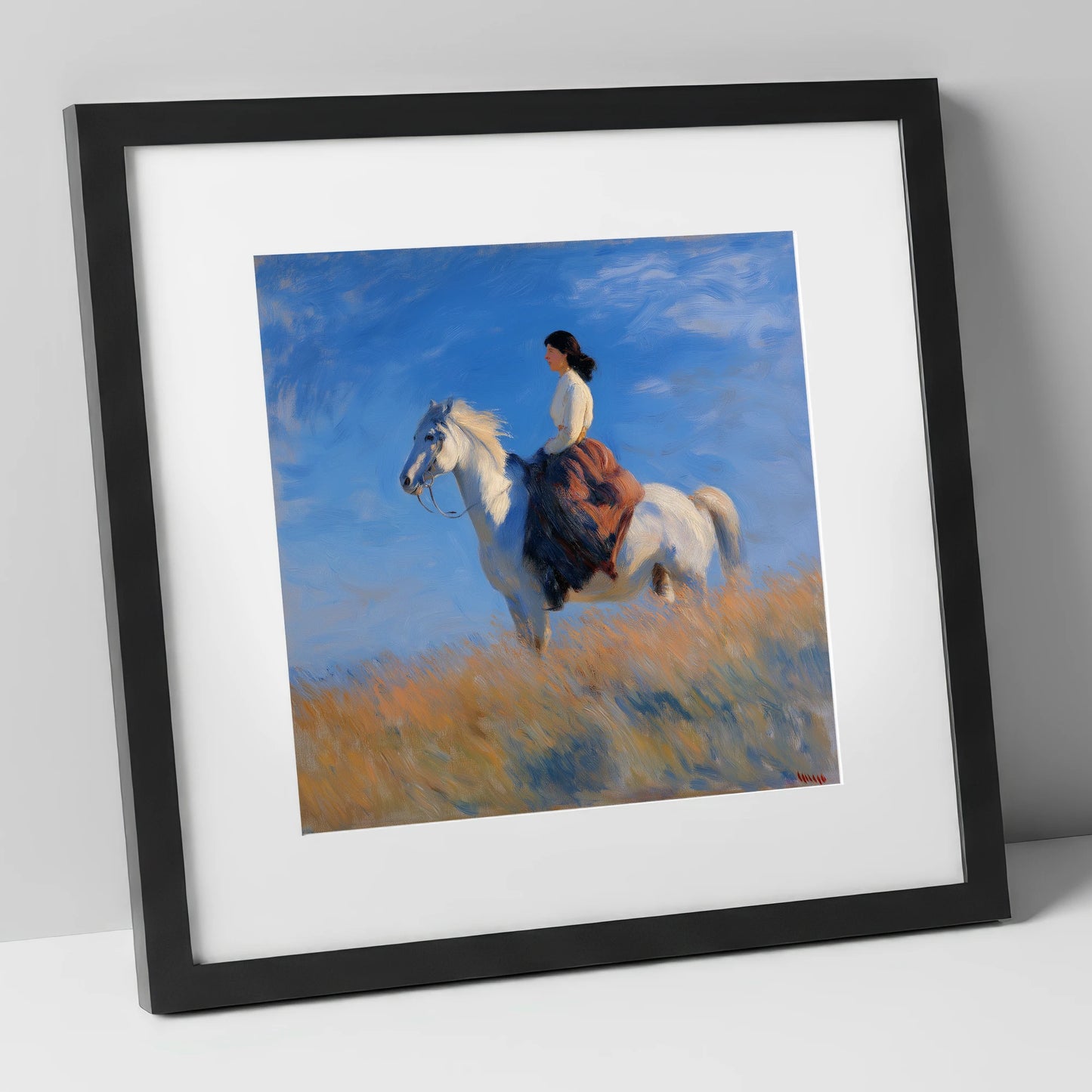 Across the Golden Fields horse & rider art print in black frame
