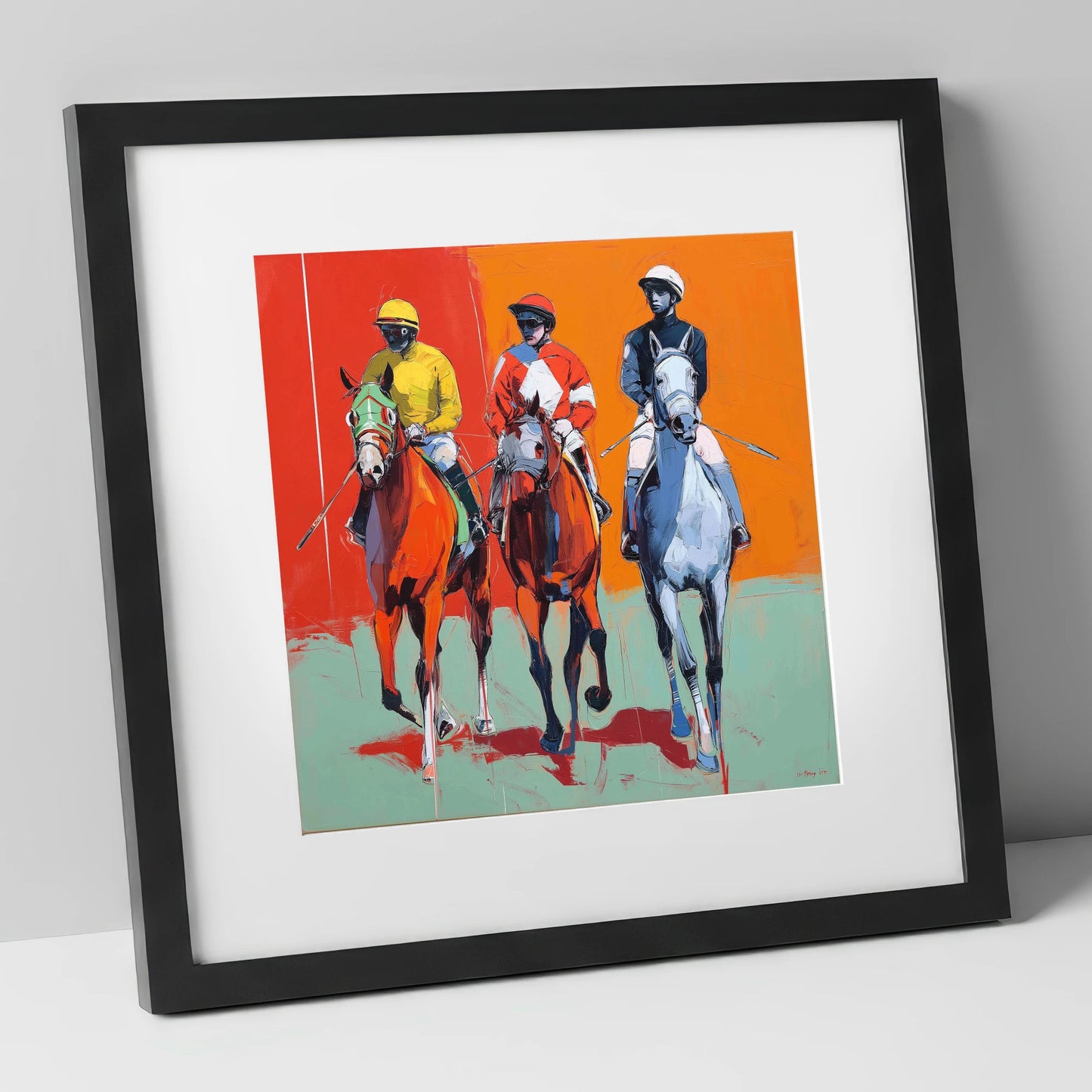 Three to the Post racing horse art print in black frame