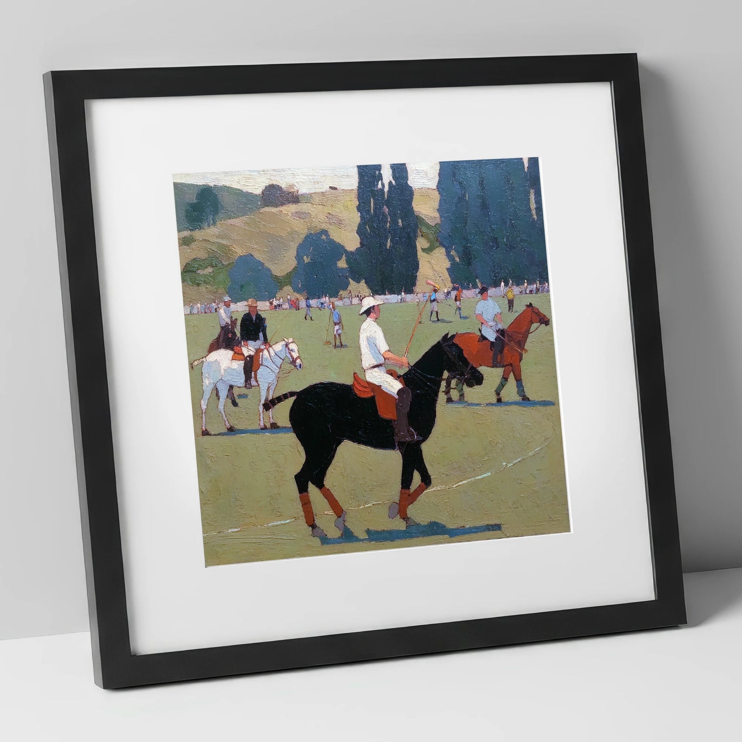 Midsummer Polo Pause polo horse art print in black frame