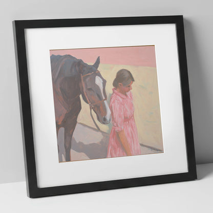 Walking in Step horse & rider art print in black frame