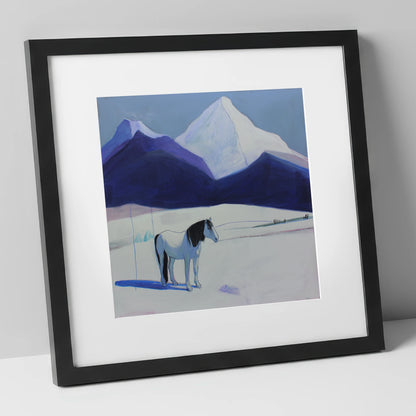 Alpine Silence horse landscape art print in black frame