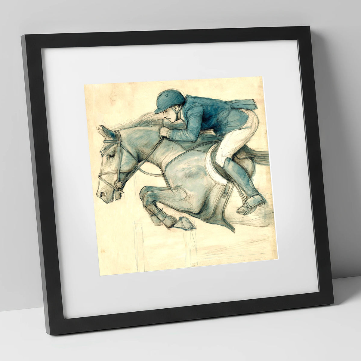 Showjumping Horse in Teal Wash show jumping horse art print in black frame