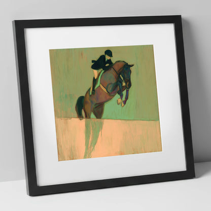 Suspension in Sage show jumping horse art print in black frame