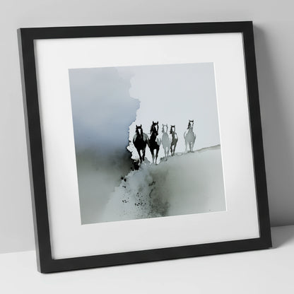Emerging From the Mist wild horses art print in black frame