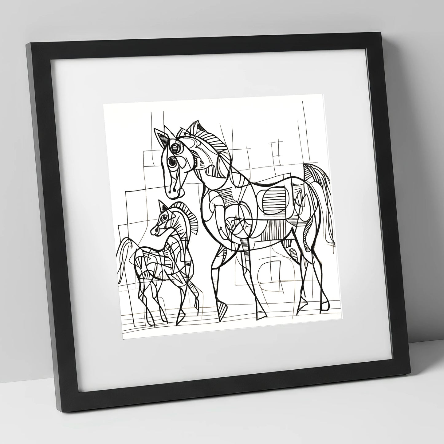 Linear Connection mare & foal art print in black frame