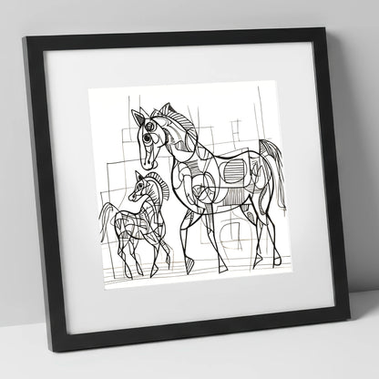 Linear Connection mare & foal art print in black frame
