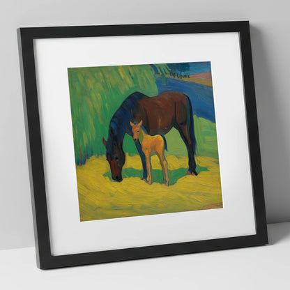 Vivid Grazing Companions mare & foal art print in black frame