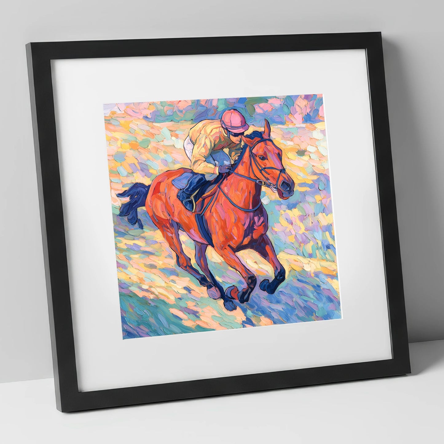Vibrant Final Furlong racing horse art print in black frame
