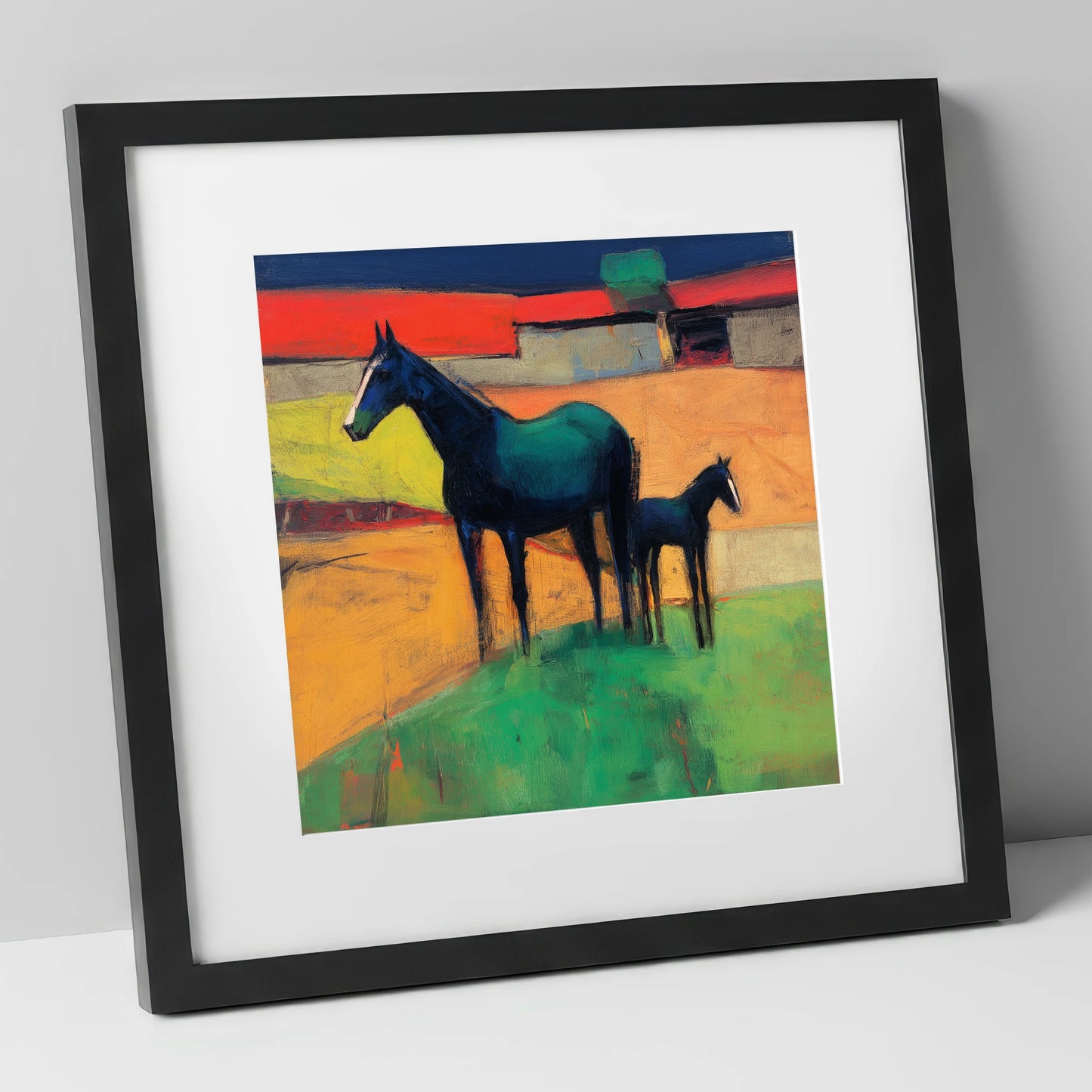 Midnight Sapphire Bond mare & foal art print in black frame