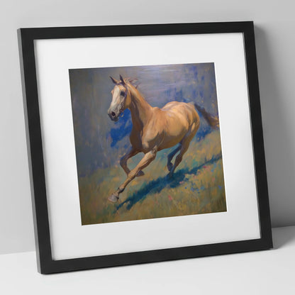 Golden Stride racing horse art print in black frame
