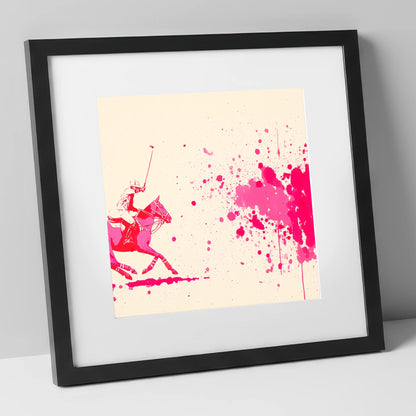 Magenta Polo Strike polo horse art print in black frame