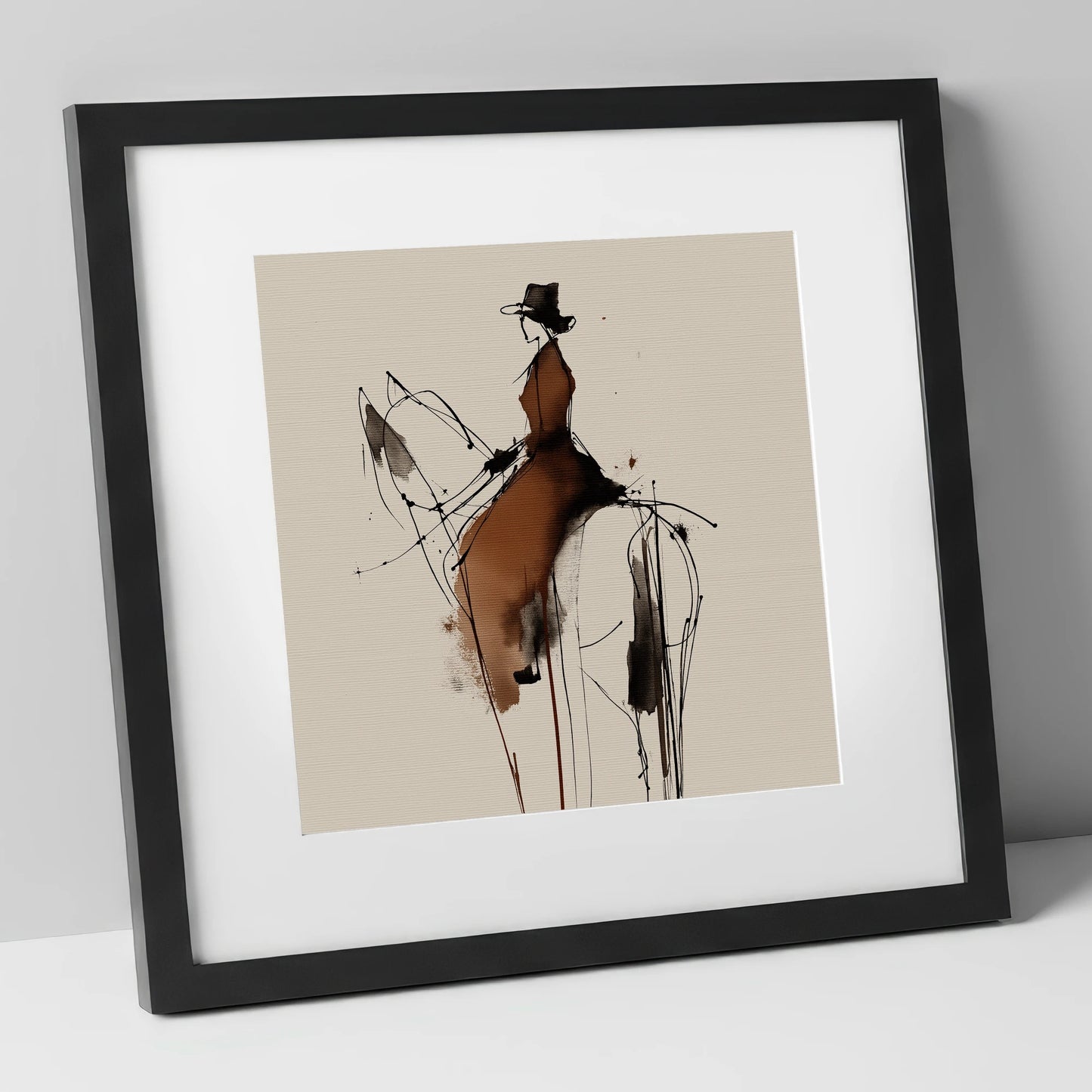 Sepia Equestrian Silhouette horse & rider art print in black frame