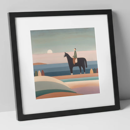 Tranquil Beach Hack beach horse art print in black frame