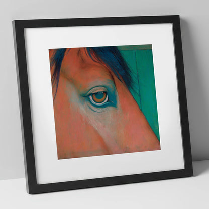 Soulful Emerald Gaze horse portrait art print in black frame