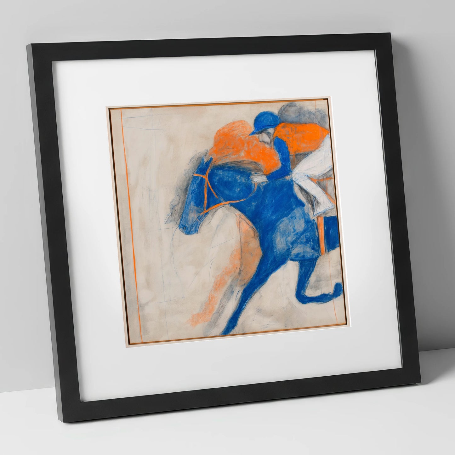 Cobalt Surge racing horse art print in black frame