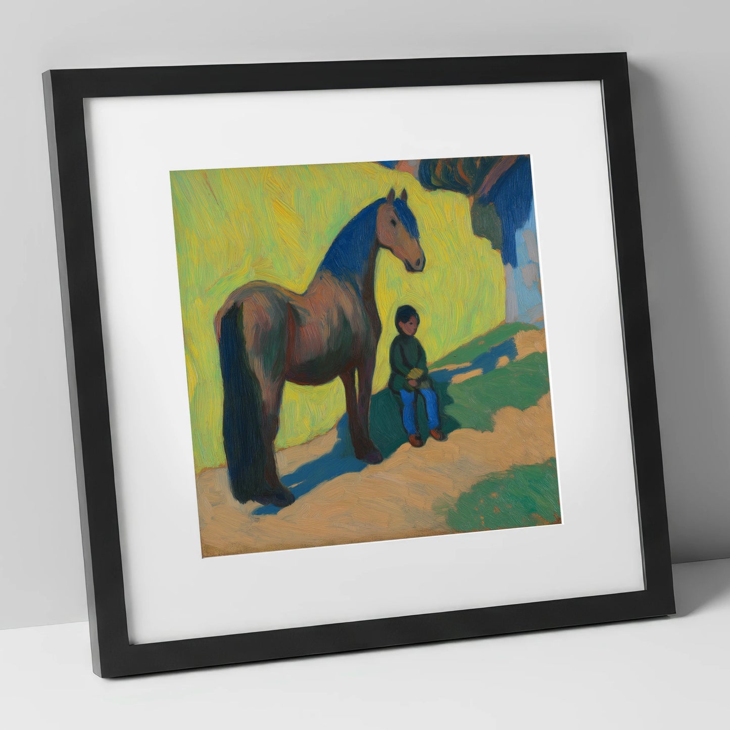 Sunlit Companionship horse & rider art print in black frame