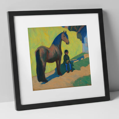 Sunlit Companionship horse & rider art print in black frame