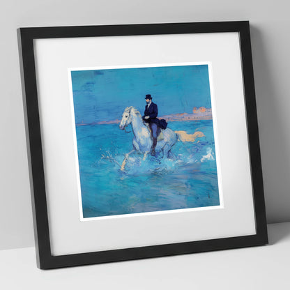Elegance on the Shore beach horse art print in black frame