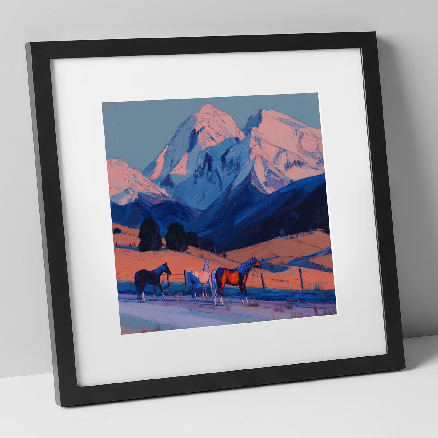 Mountain Alpenglow Pastures horse landscape art print in black frame