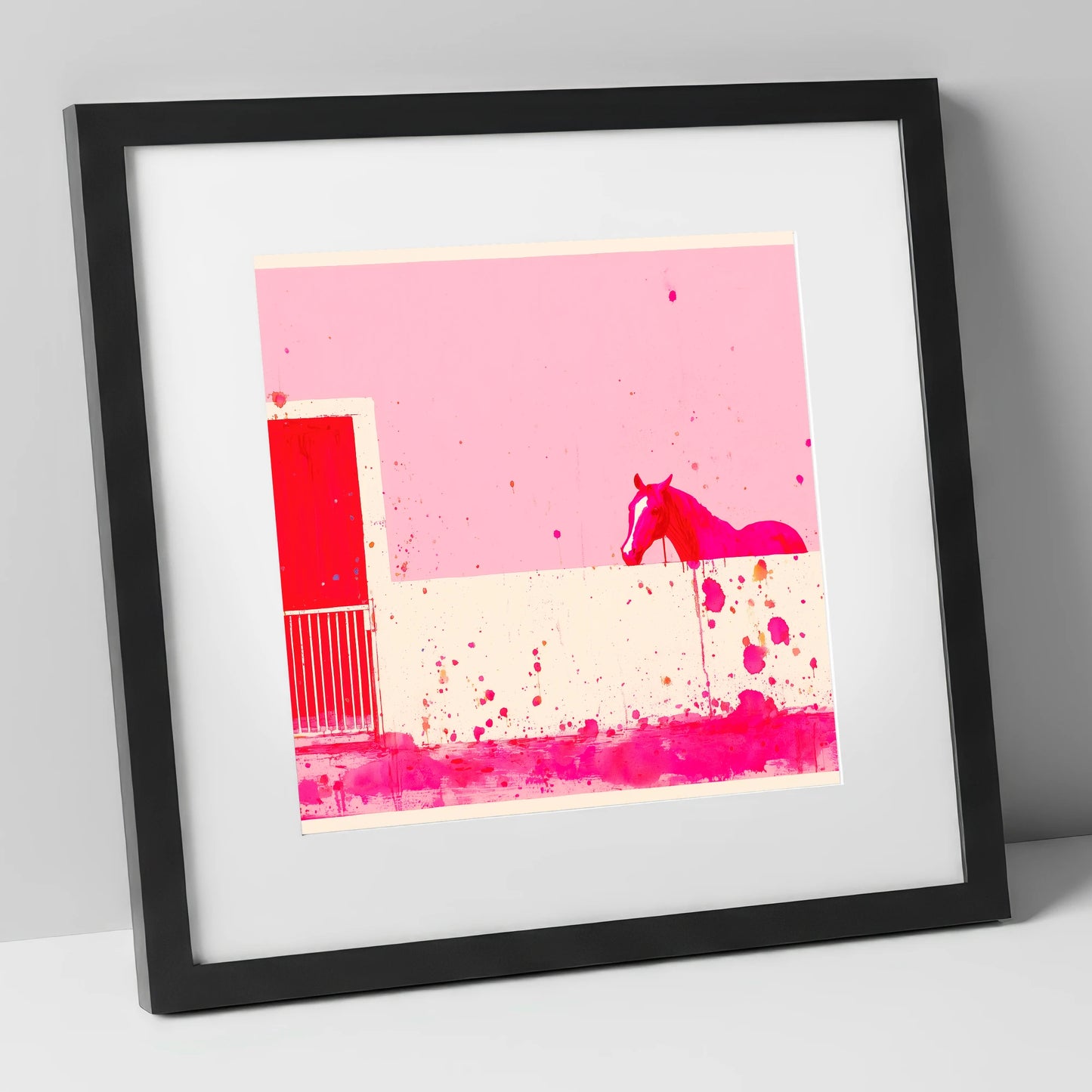 Crimson Doorway horse stable art print in black frame