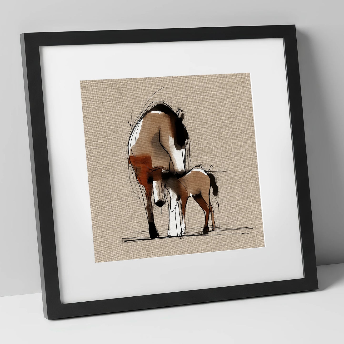 Tender Sepia Bond mare & foal art print in black frame