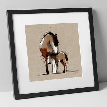 Tender Sepia Bond mare & foal art print in black frame