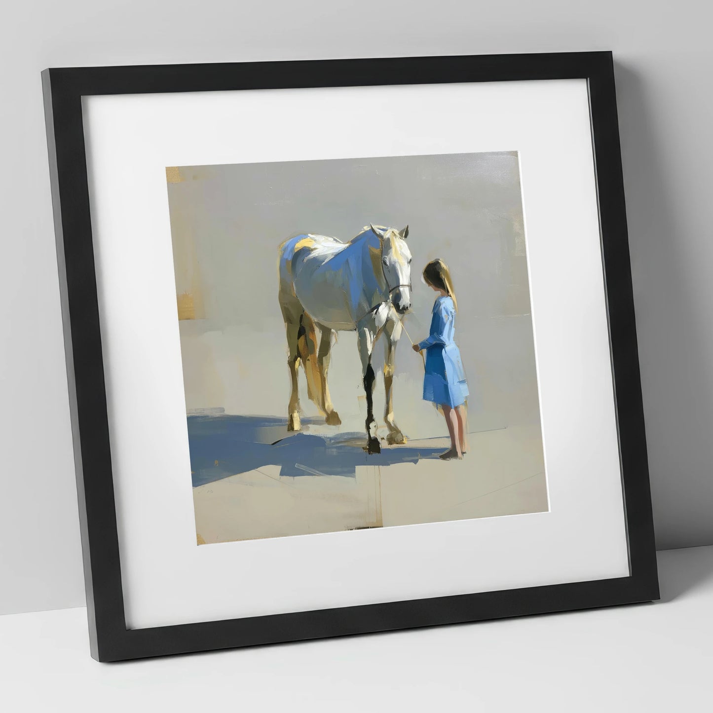 Sunlit Connection horse & rider art print in black frame