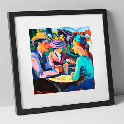 Paddock Society racing horse art print in black frame