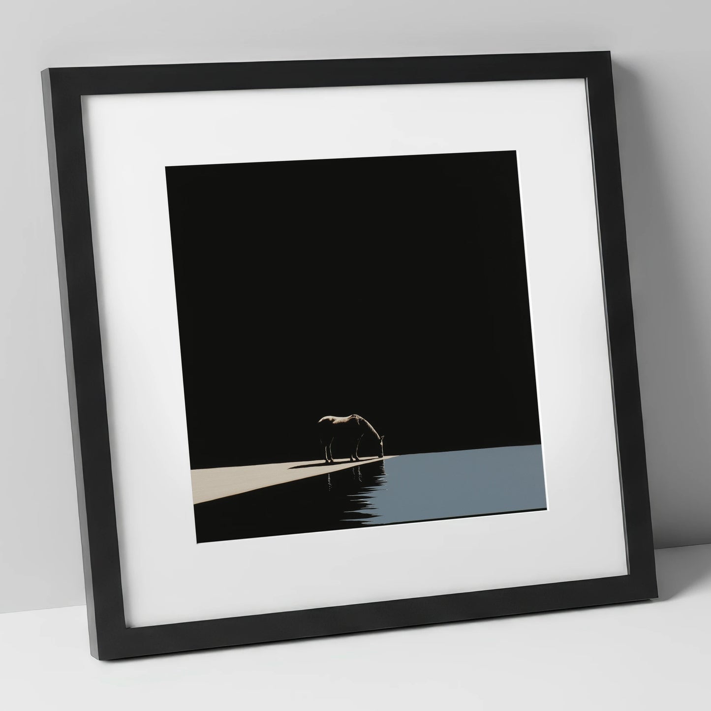 Edge of Stillness horse landscape art print in black frame