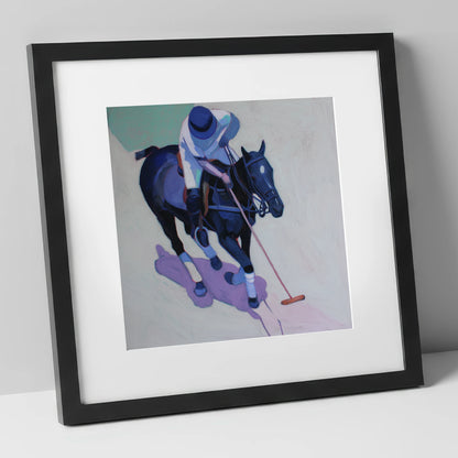 The Indigo Swing polo horse art print in black frame