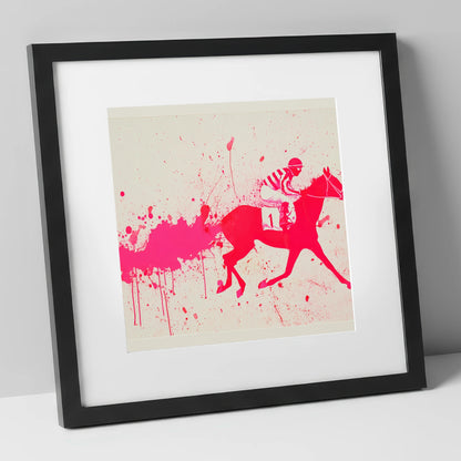 Magenta Racing Surge racing horse art print in black frame