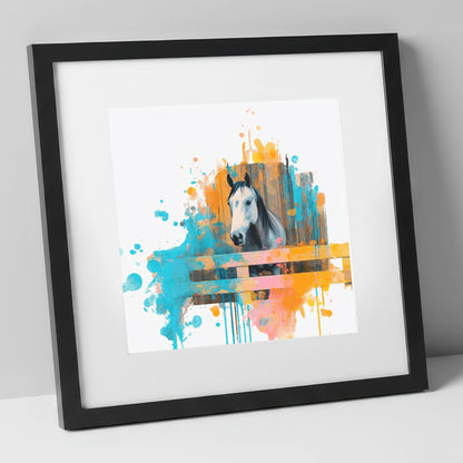 The Inquisitive Grey horse stable art print in black frame