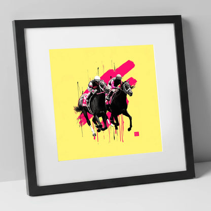 High Stakes Sprint racing horse art print in black frame