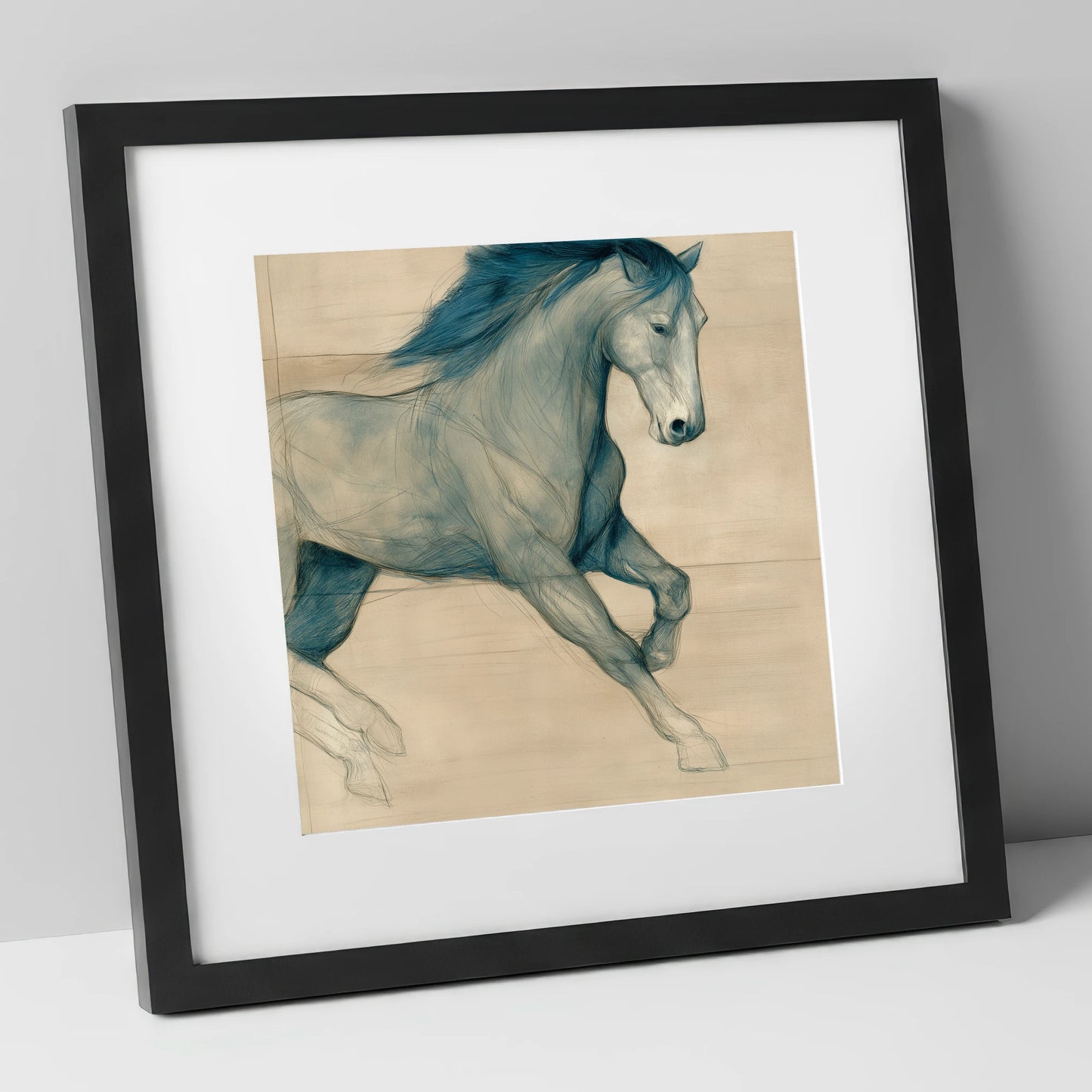 Teal Equine Study horse portrait art print in black frame