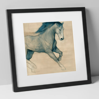 Teal Equine Study horse portrait art print in black frame