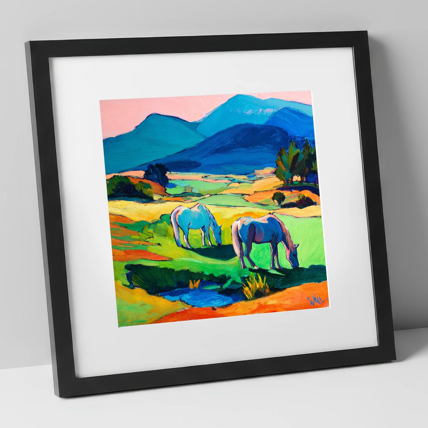 Painted Valley Grazing horse landscape art print in black frame