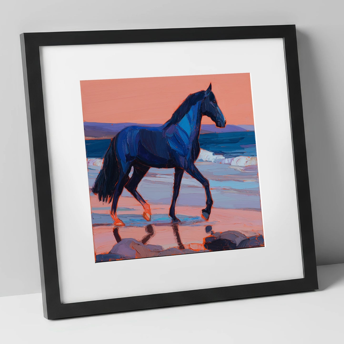 Indigo Beach Stride horse landscape art print in black frame