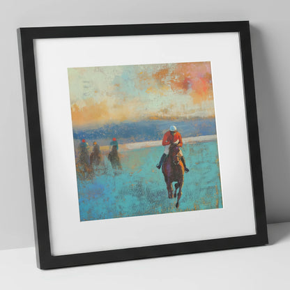 The Front Runner racing horse art print in black frame