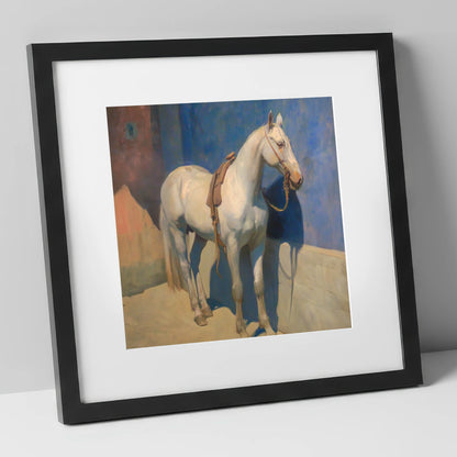 Sunlit Grey against Azure horse breed art print in black frame