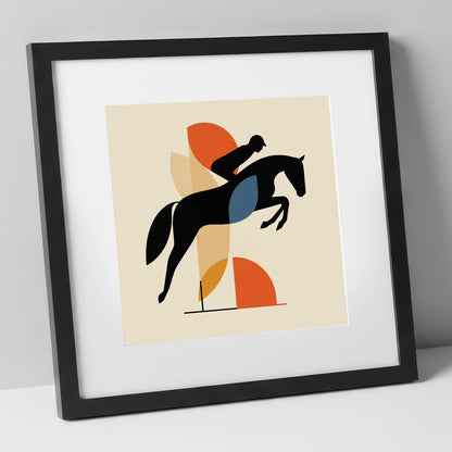 The Geometric Leap show jumping horse art print in black frame