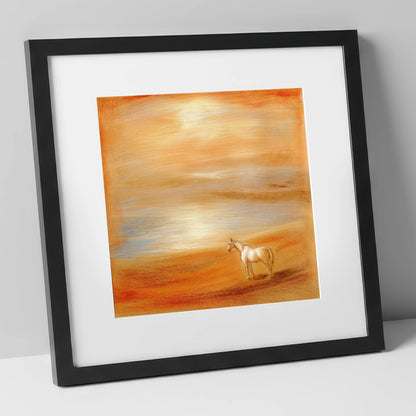 Amber Horizon horse landscape art print in black frame