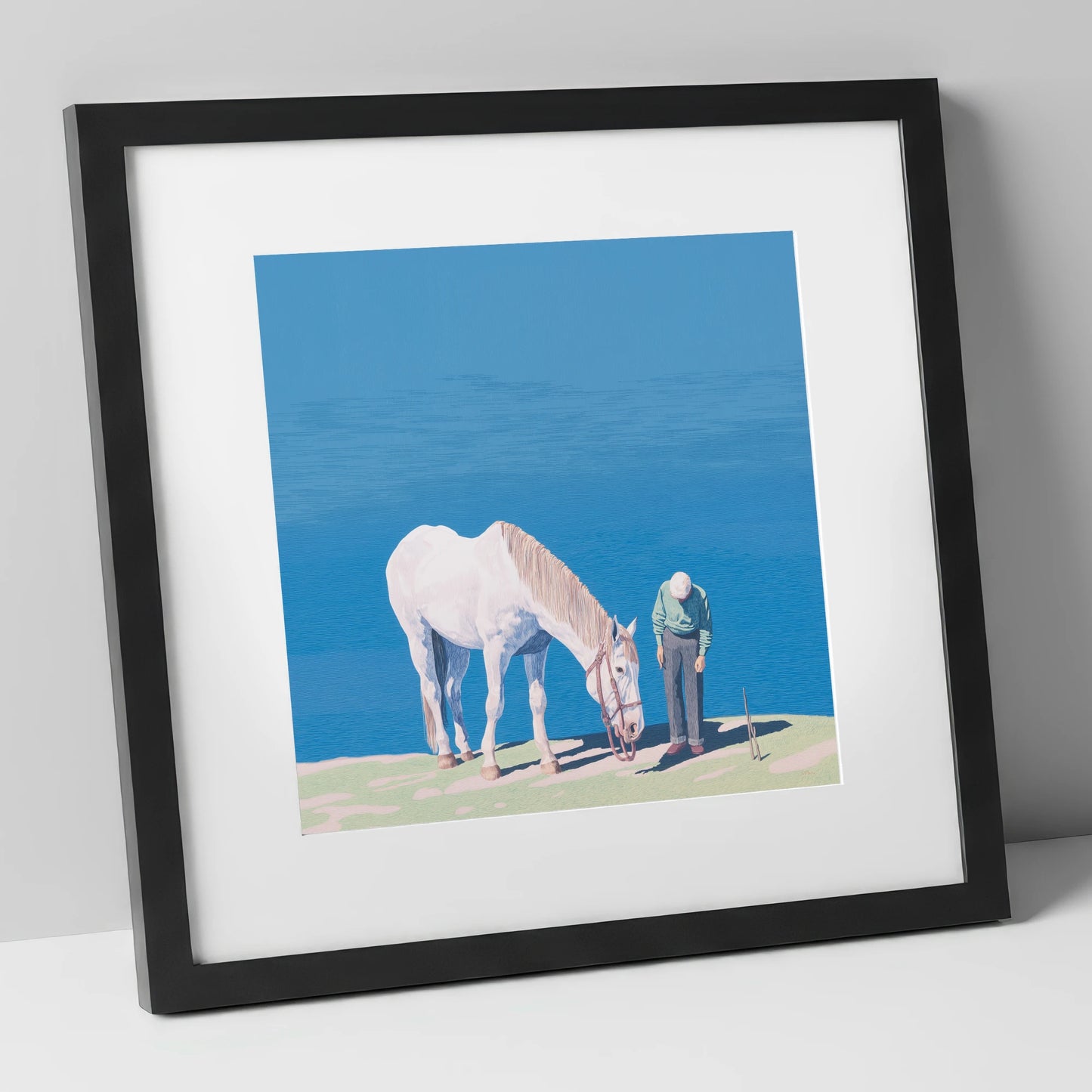 Shared Silence horse & rider art print in black frame
