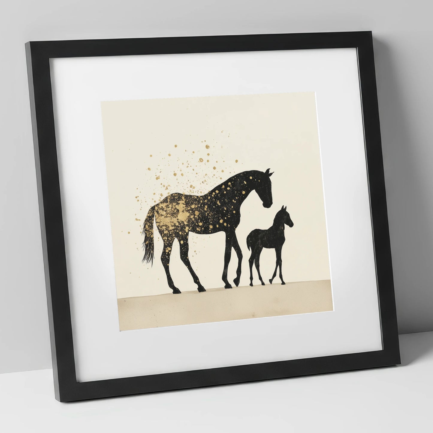 Gilded Bonds mare & foal art print in black frame