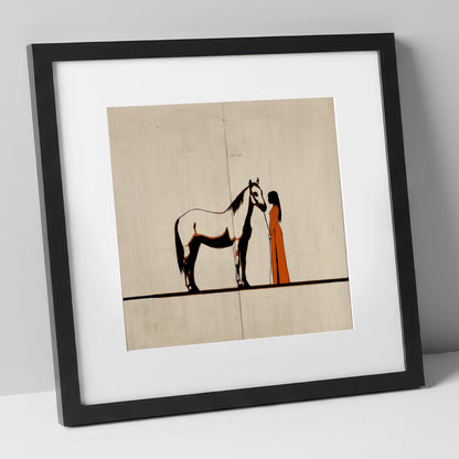 Quiet Connection horse & rider art print in black frame