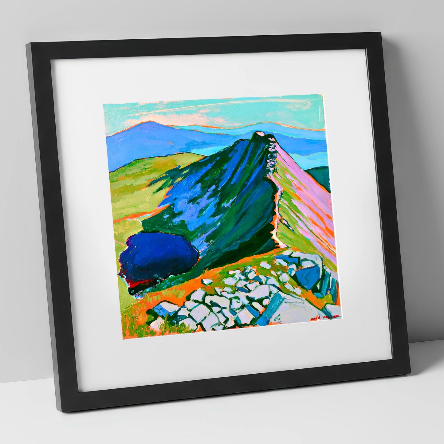 Vibrant Mountain Ridge And Tarn horse landscape art print in black frame