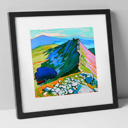 Vibrant Mountain Ridge And Tarn horse landscape art print in black frame