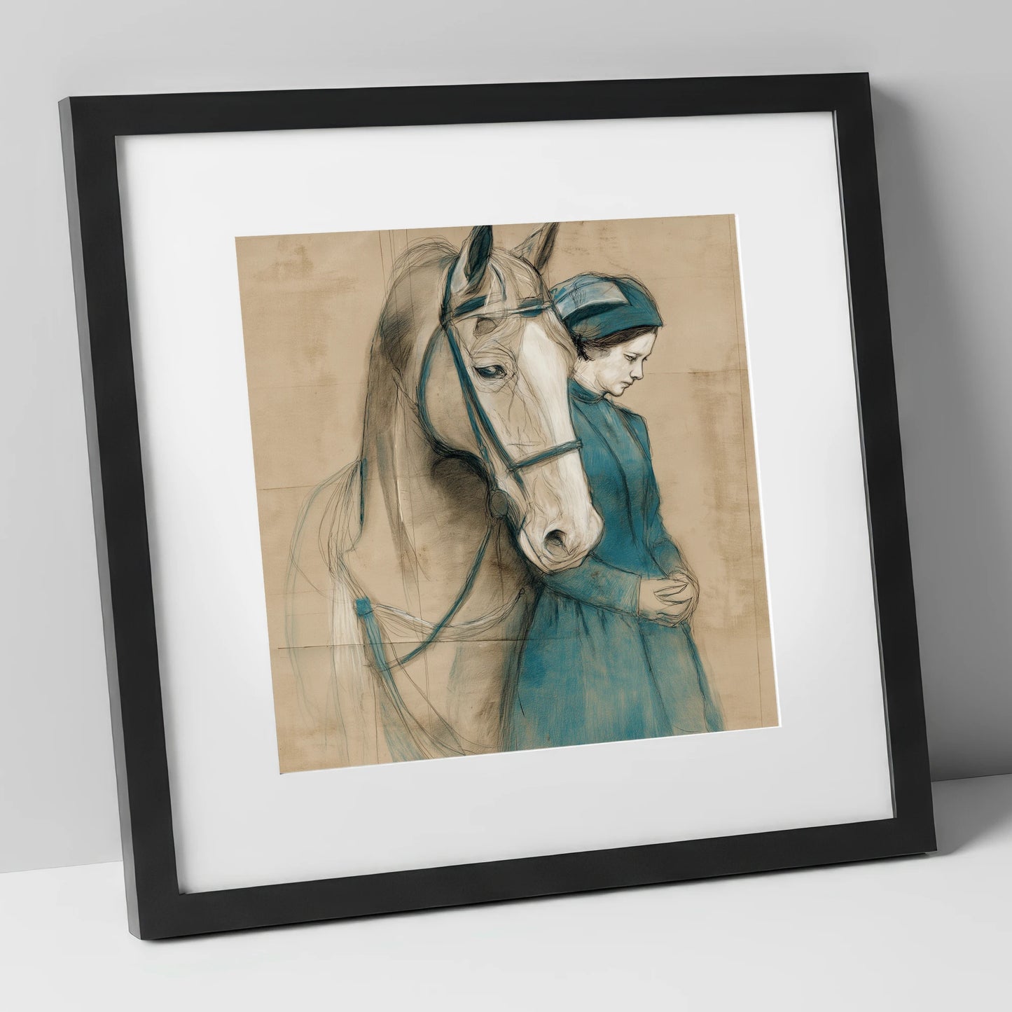 Silent Bond horse & rider art print in black frame