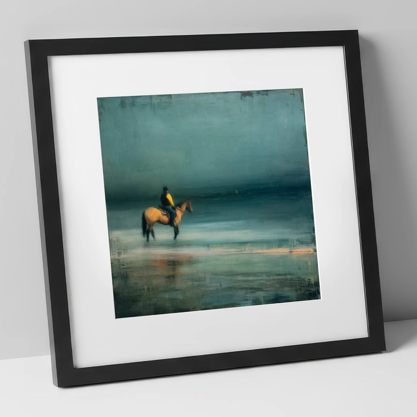 Teal Tide Rider beach horse art print in black frame