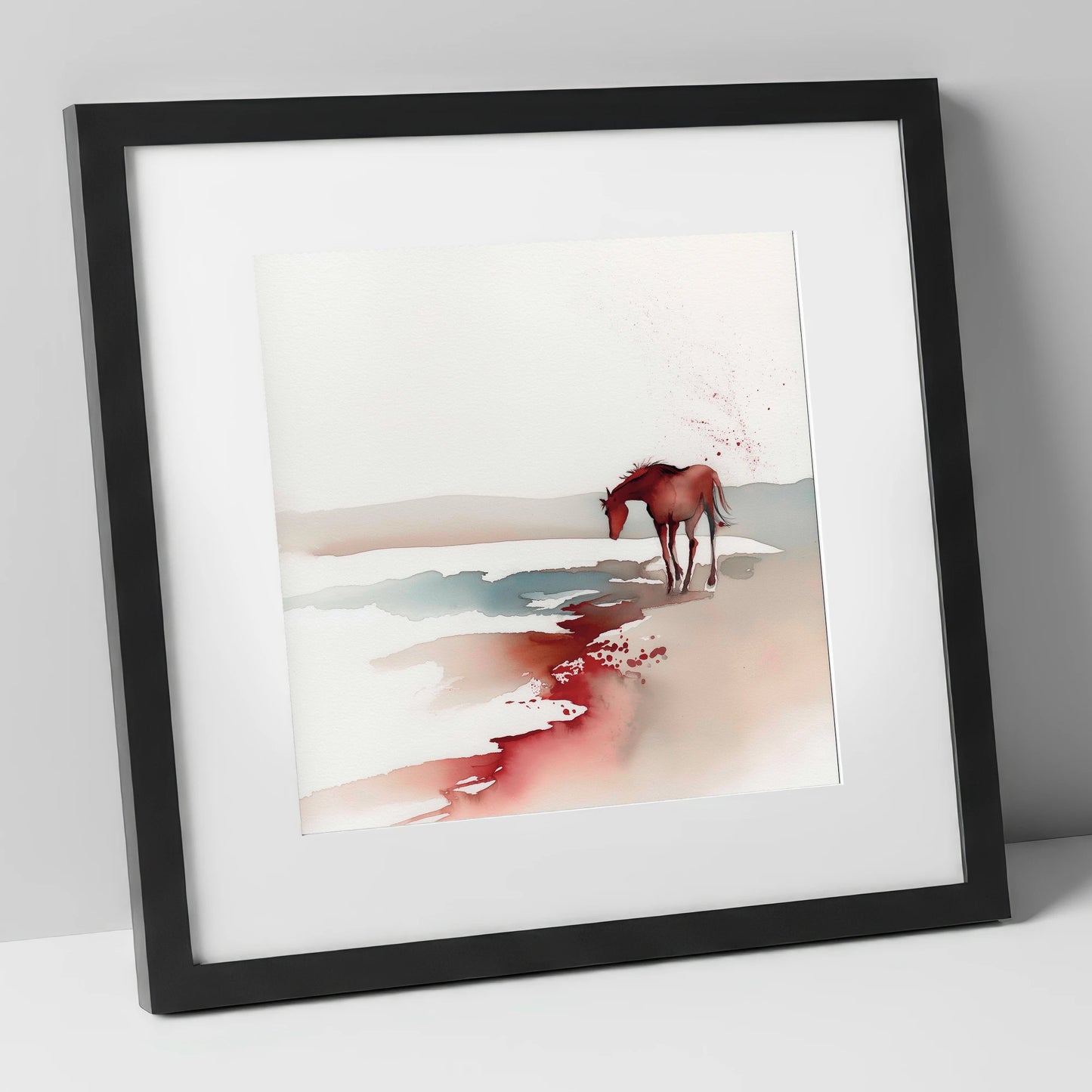 Crimson Waterside Solitude horse landscape art print in black frame