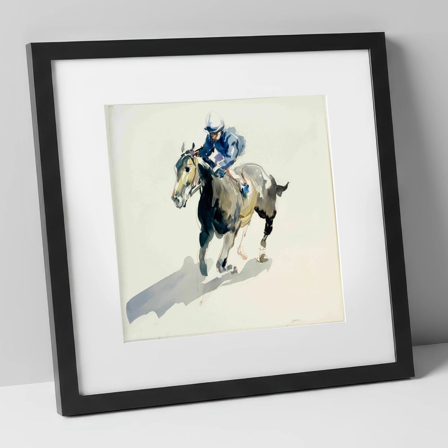 Mid-Stride in Indigo racing horse art print in black frame